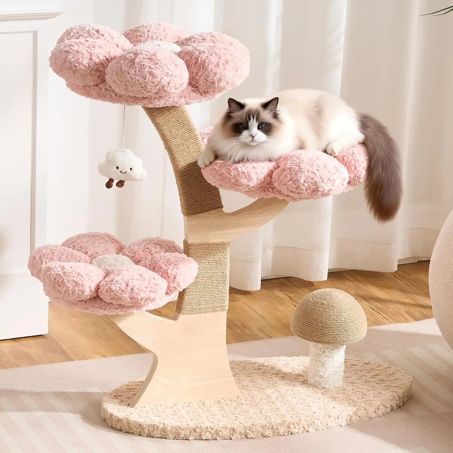Torre per Gatti Estetica a Forma di Fiore con Tiragraffi per Gatti da Interno, Altezza 37 Pollici, Albero per Gatti Moderno con Ramo Scolpito in Legno, Fiore Ca