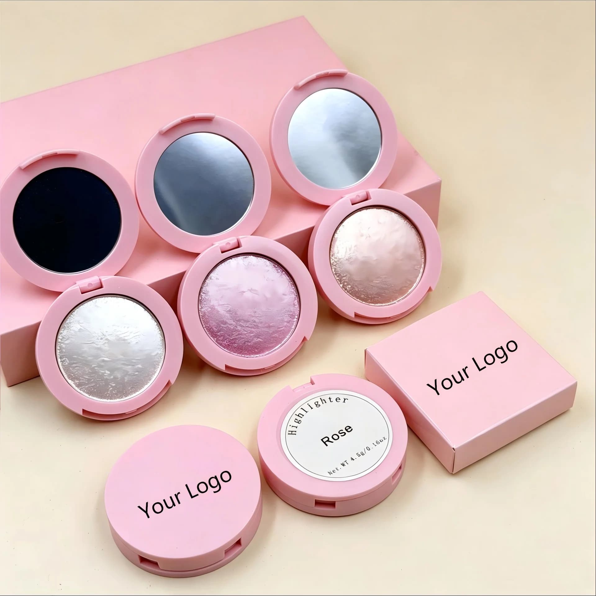 Palette Illuminante Rosa, Glitter Singolo, Shimmer ad Alta Pigmentazione, Crema Viso, Trucco con Logo Personalizzato, Illuminante Vegano Impermeabile, 10 Pezzi