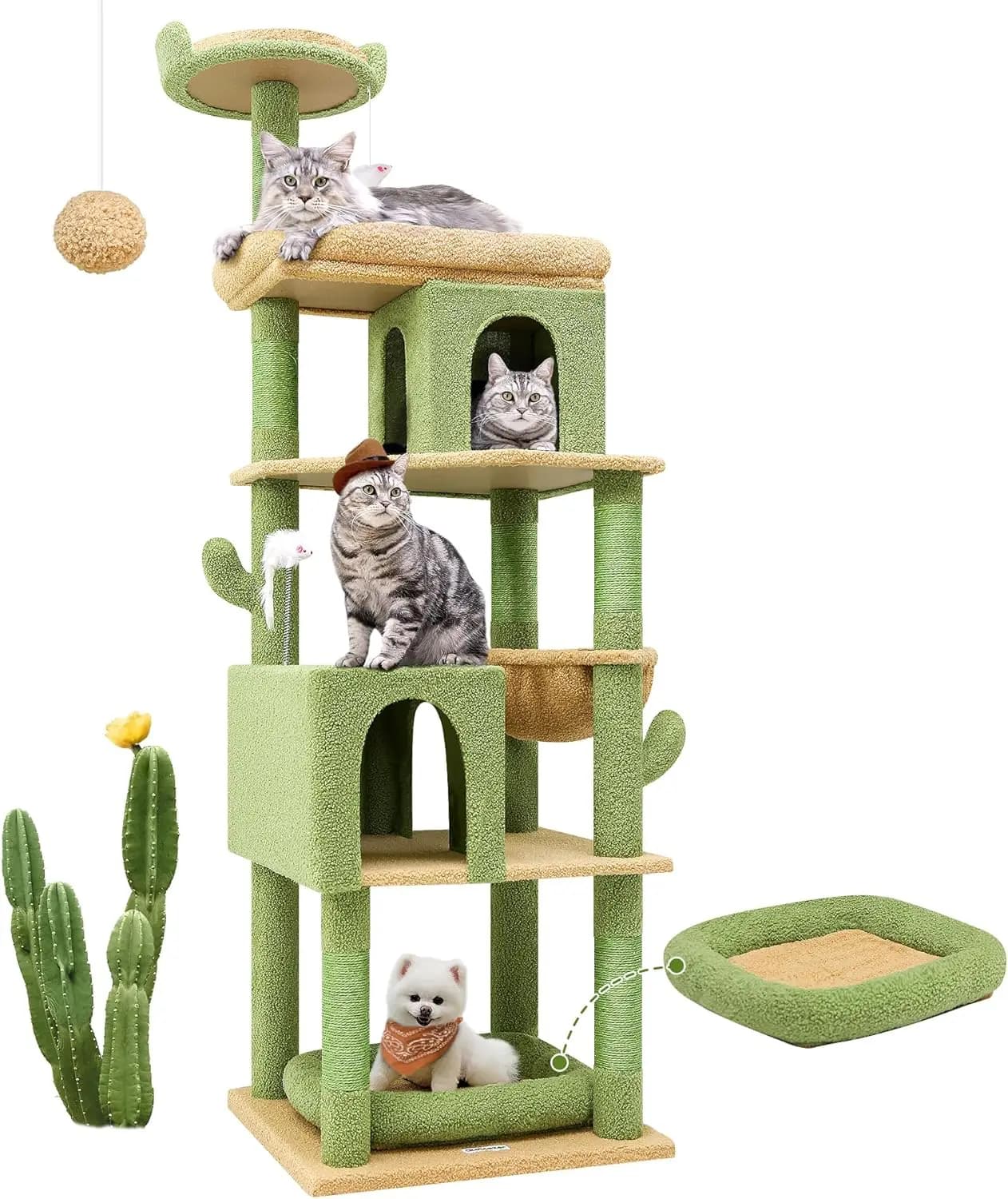 Tiragraffi per Gatti Robusto a Forma di Cactus per Gatti Grandi, 183 cm di Altezza con 6 Tiragraffi, Amaca, Verde