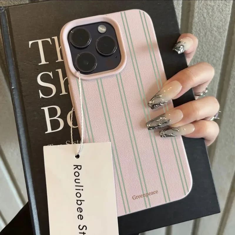 The Green Stripe Lichee Pattern Case For Samsung Galaxy S26 A57 A37 A56 A54 A55 A16 A36 A26 S25 Ultra S24 Plus S23 FE S22 Cover
