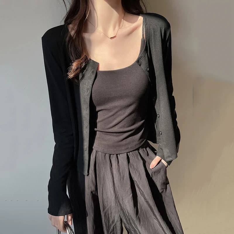 Spring Summer Thin Long Sleeve Cardigans Women Solid Single Breasted Sunscreen Cardigan Woman Round Neck Korean Crop Tops Mujer