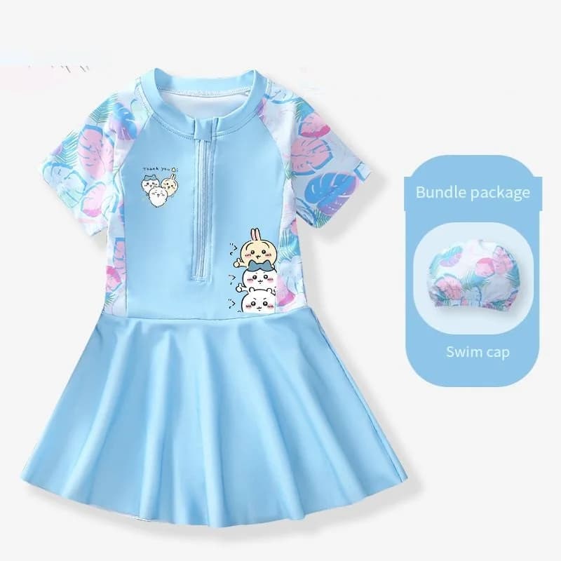 Cartoon Chiikawa Children's Swimsuit Dress Summer Anime Usagi Hachiware Girls Siamese Swimsuit Student Swimming Cap Goggles