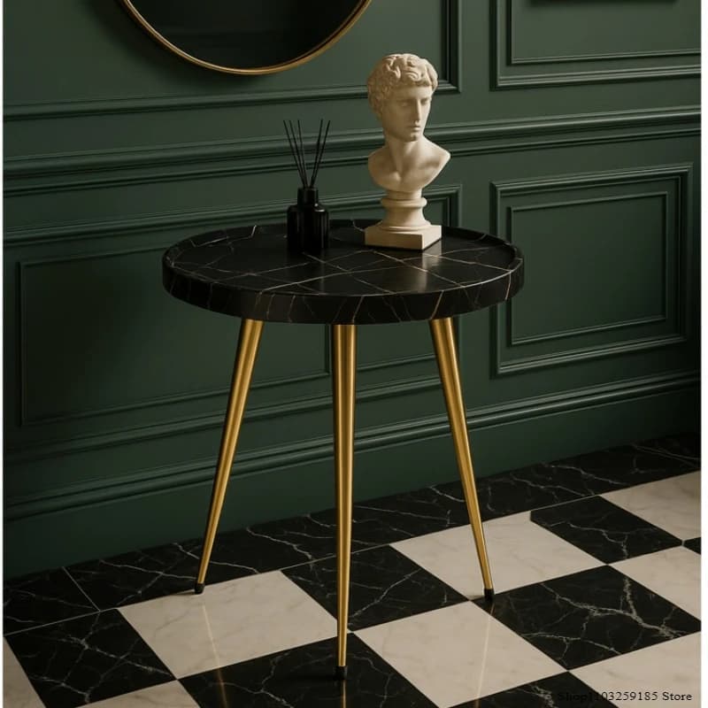 Tavolino rotondo nero con vene dorate Tavolini eleganti con gambe in metallo Tavolini minimalisti per mobili da soggiorno scandinavi