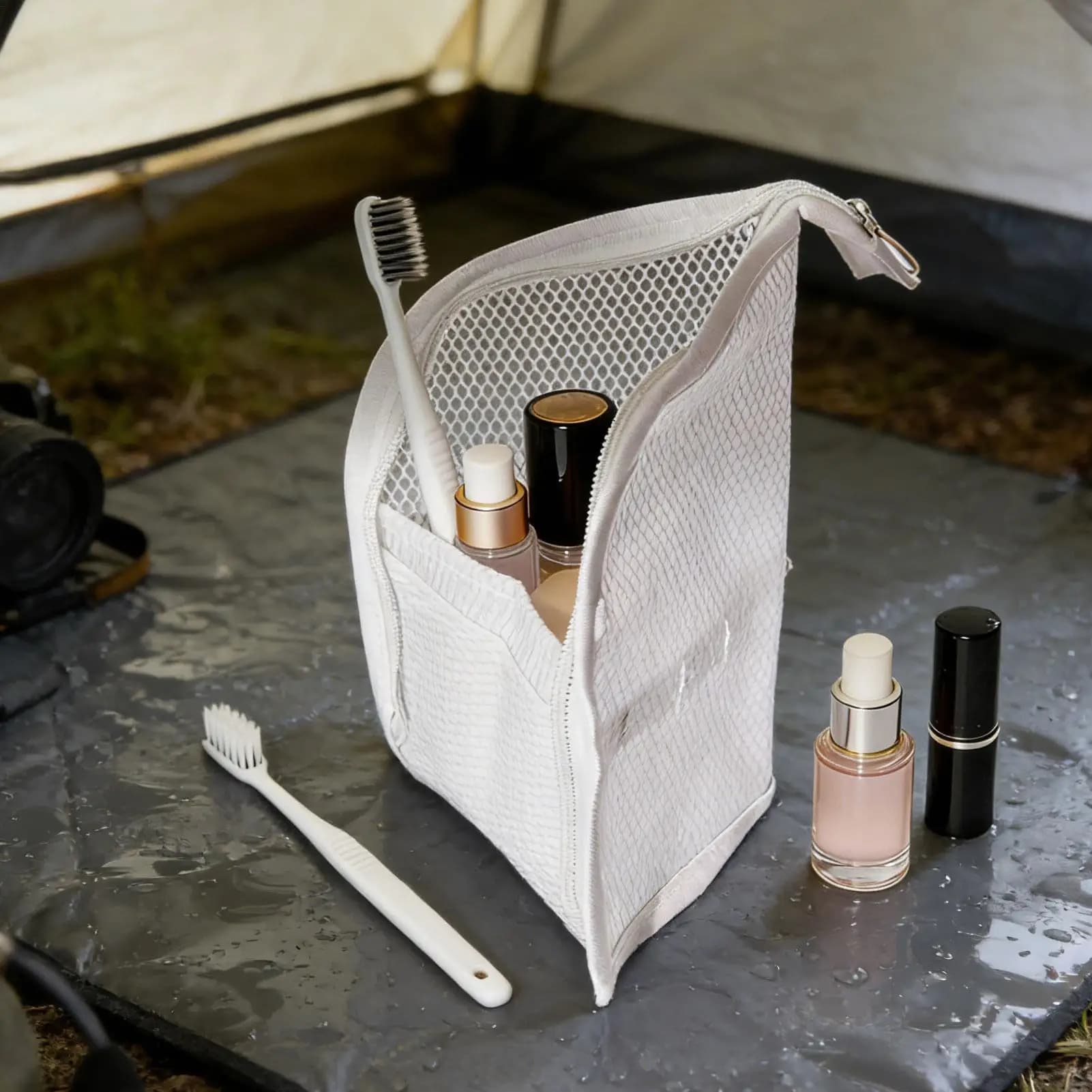 Borsa da toilette portatile verticale in EVA con rete, porta spazzolino, custodia impermeabile da viaggio, porta penne.