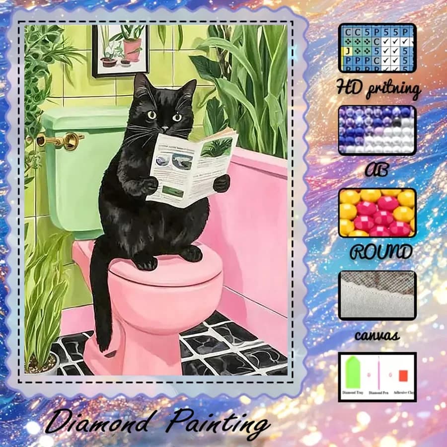 1 pezzo - 5D-DIY - Tessuto floccato - Trapano speciale - Set per pittura con diamanti - Gatto nero che legge il giornale - Arte con diamanti a mosaico