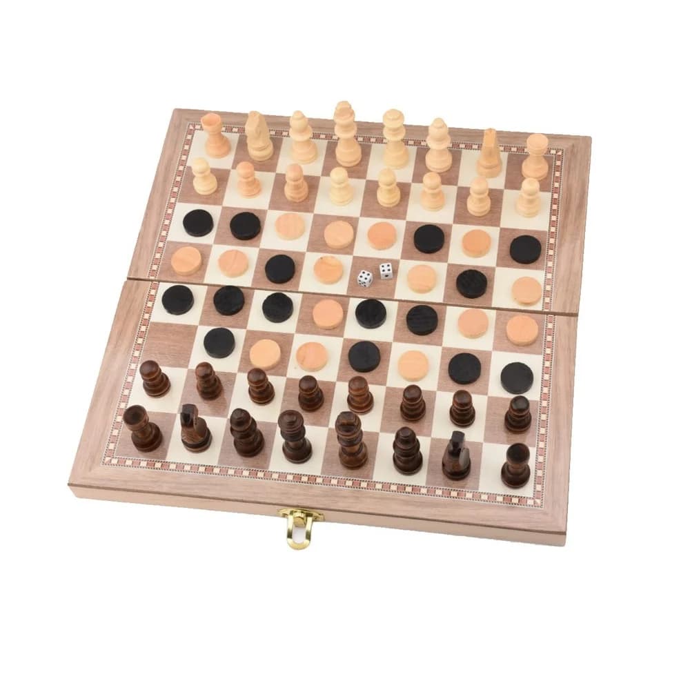 Set di Scacchi 3 in 1 in Legno, Gioco di Backgammon e Dama, Scacchiera Pieghevole, Pezzi degli Scacchi, Giochi da Tavolo, Regalo per Adulti e Bambini