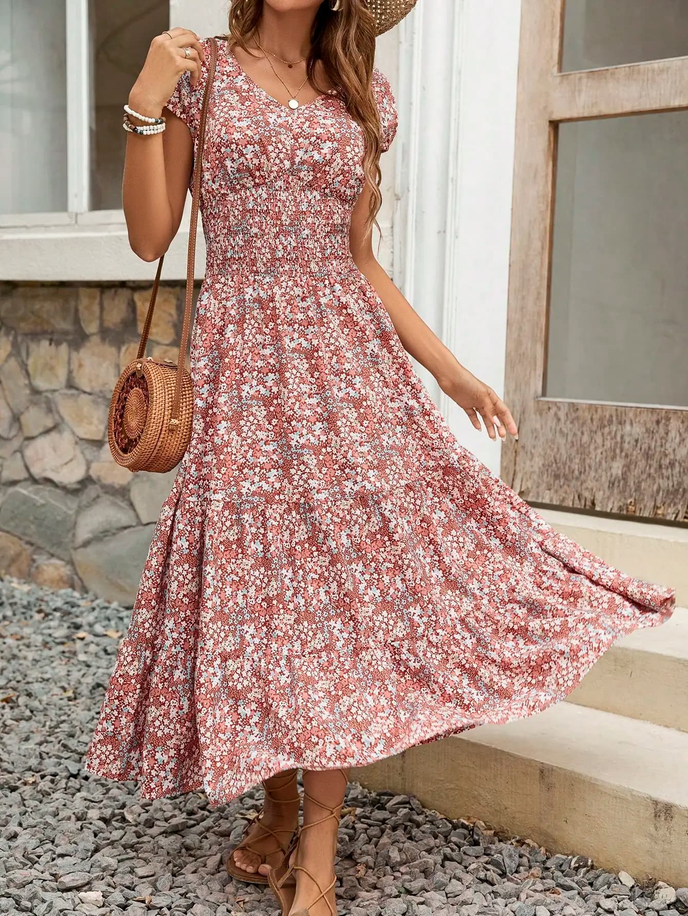 Women Floral Print V-Neck Short Sleeve Maxi Dress Bohemian Beach Vacation Outfit