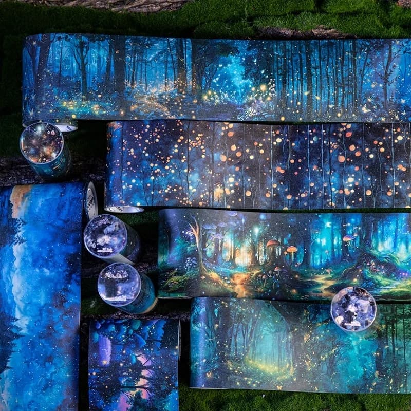 6 rotoli/confezione di nastro adesivo Washi - 8 cm×200 cm - Motivo magico della foresta del cielo stellato, colori vivaci, adesivo durevole adatto per pianificatori, riviste, bottiglie d'acqua, artigianato fai da te, decorazione della foresta magica, carta di alta qualità, adesivi decorativi esclusivi