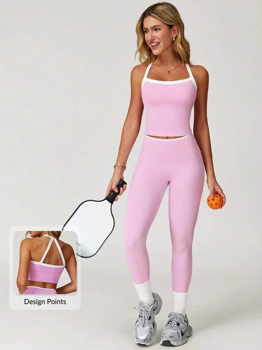 Set sportivo da donna in 2 pezzi, gilet e leggings per yoga, fitness, corsa e allenamento