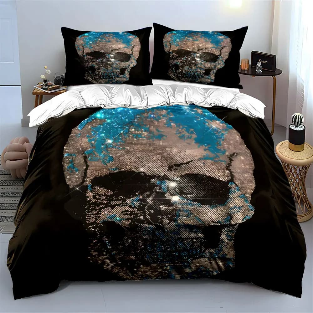 Set di Biancheria da Letto con Teschio in Strass Glitterati, 3 Pezzi, Stampa Scheletro Argento e Blu Scintillante, 1 Copripiumino 2 Federe, Singolo/Doppio, Regalo