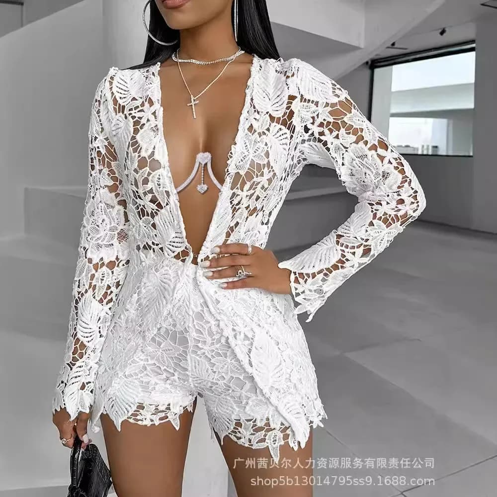 Set corti sexy da donna scava fuori top in pizzo impiombato cardigan a maniche lunghe solido elegante camicie slim fit High Street estate 2024