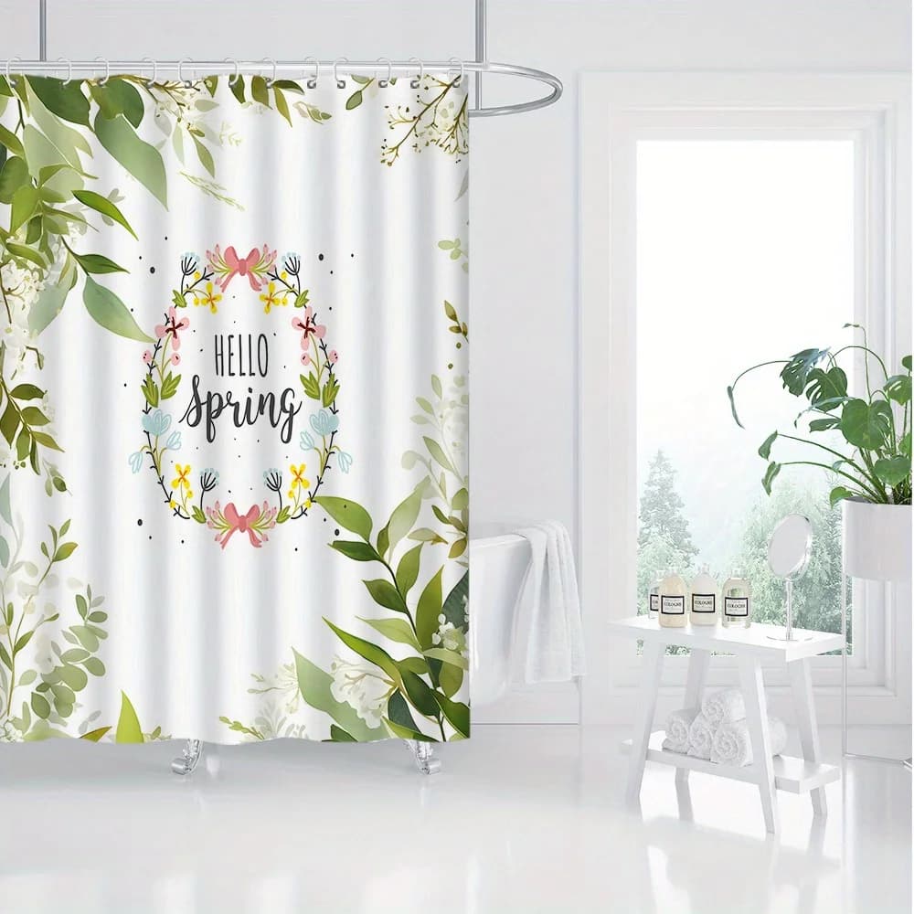 Tenda da doccia con scenario naturale - Tema primaverile, Foglia verde, Impermeabile, Poliestere, Decorazione da bagno, 1 pezzo