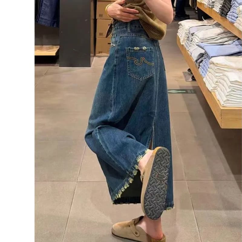 Gonna in denim ricamata con orlo a balze, nuova sensazione primaverile/estiva da donna, gonna lunga aperta, casual e versatile, modello midi