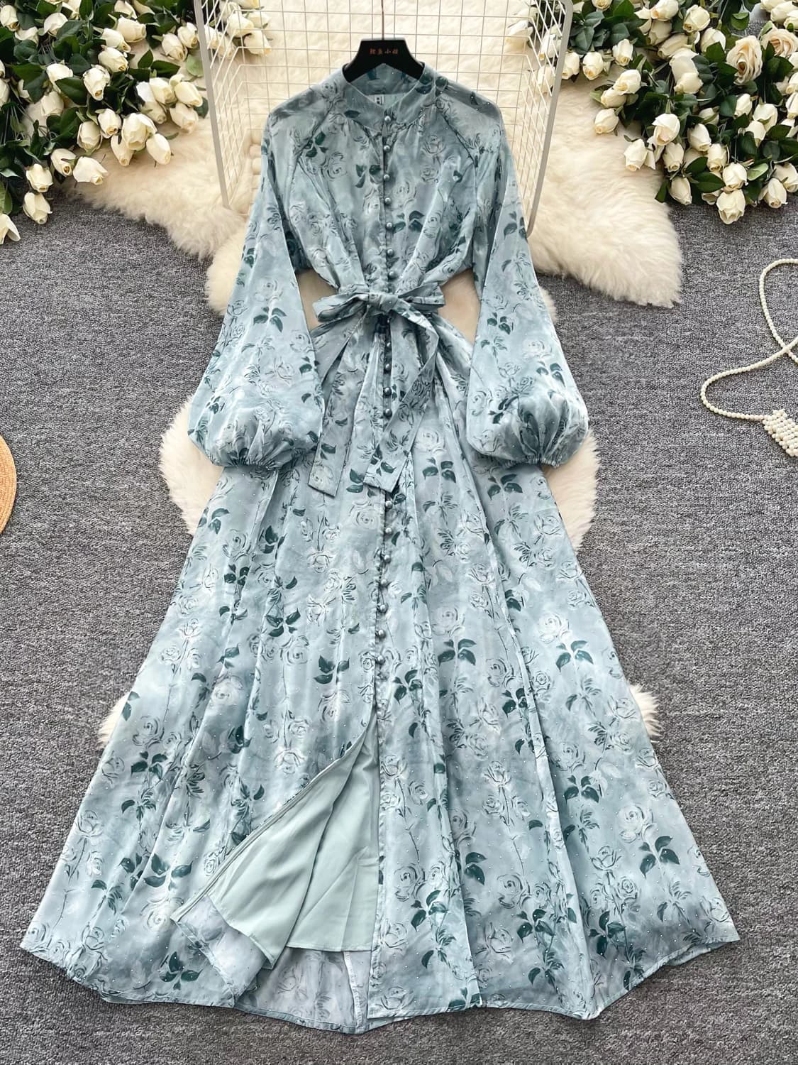 Abito Lungo Estivo da Donna con Stampa e Maniche a Lanterna, Stile Coreano, Vita Stretta, Linea ad A, Elegante per il Lavoro