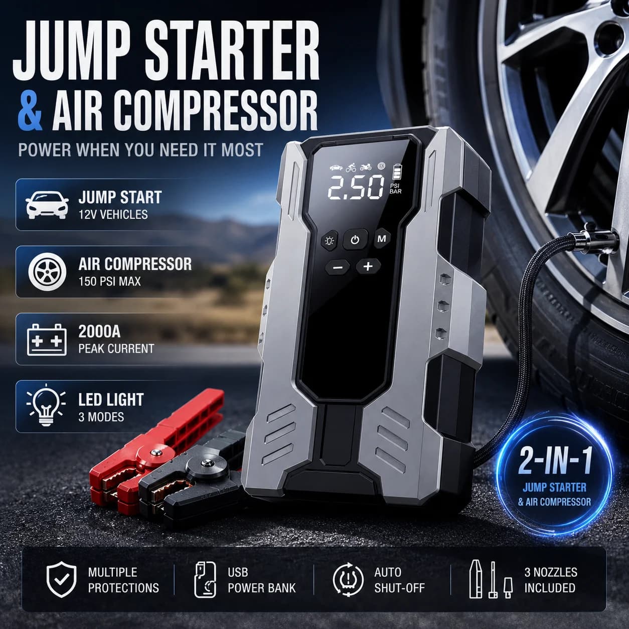7-in-1 Multi-functional Emergency Start Power Supply withAir Pump, 150PSL Portable Car Battery Starter, Digital Tire Inflator,