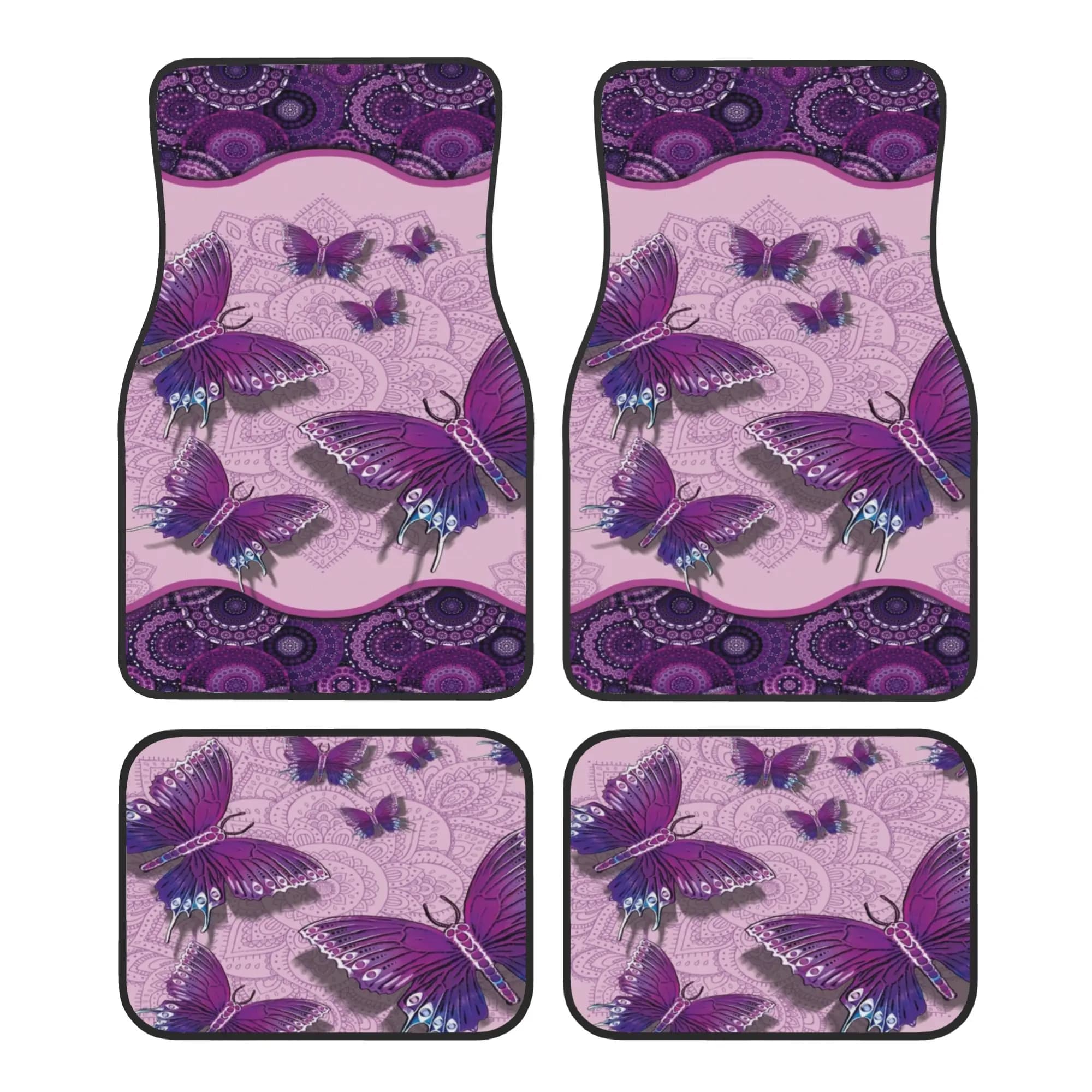 Purple Butterfly Mandala Car Floor Mats 4 Pieces Crystal Velvet Non-Slip Carpets Rugs Universal Car Front Rear Carpets Foot Mats