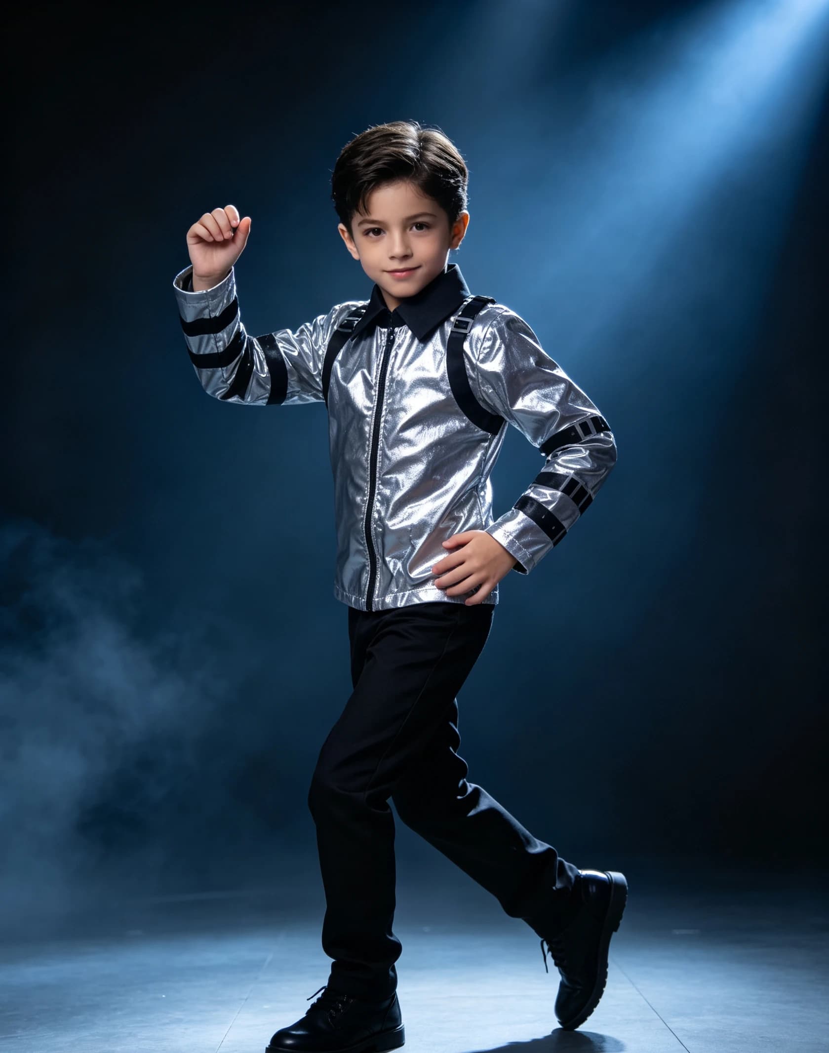 Boys Long Sleeve Metallic Performance Top, Black Collar and Strap Details for Themed Events