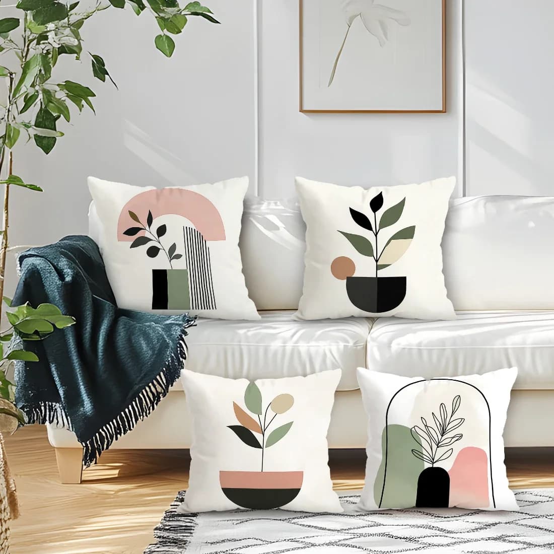 Set di 4 Copricuscini Boho con Motivi Geometrici e Foglie, Stampa Monofacciale 40/45/50CM, Federe per Cuscini Decorativi per Divano e Casa