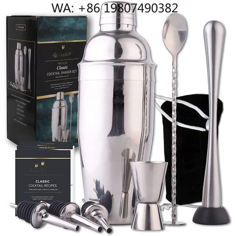 Factory Direct Hot Selling Barware Kit, 9Pcs 750ml Stainless Steel Boston Cocktail Shaker Essential DIY Mixology Tools For Home