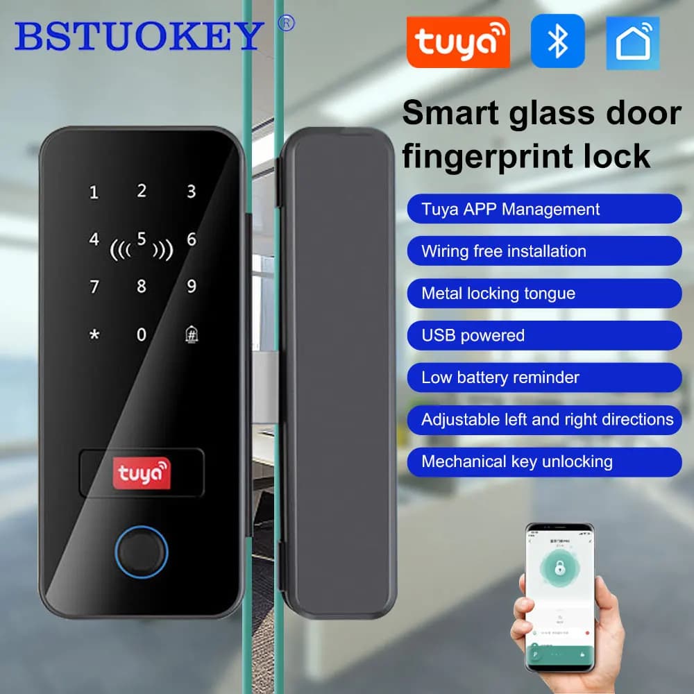 Tuya Smart Door Lock per porta in vetro con Password dell'impronta digitale IC Card App Remote Key Unlock Office Keyless Entry Gateway Option