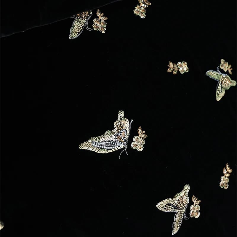 Black Gold Butterfly Velvet Heavy Duty Nail Bead Embroidery Jacquard Satin High Quality Women's Dress DIY Handmade Silk Fabric