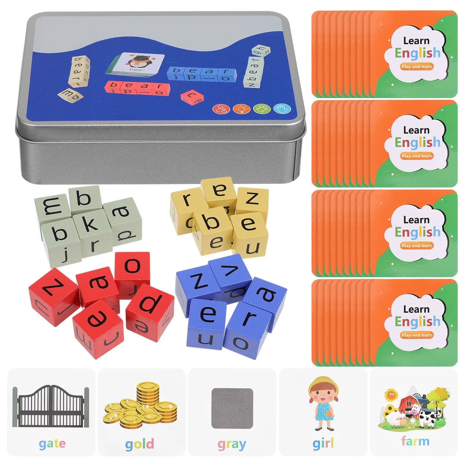Set di Blocchi di Legno per l'Apprendimento dell'Inglese, Lettere per Comporre Parole, Pratica di Fonetica, Gioco di Riconoscimento Istantaneo delle Parole per Bambini, Scuola Domestica