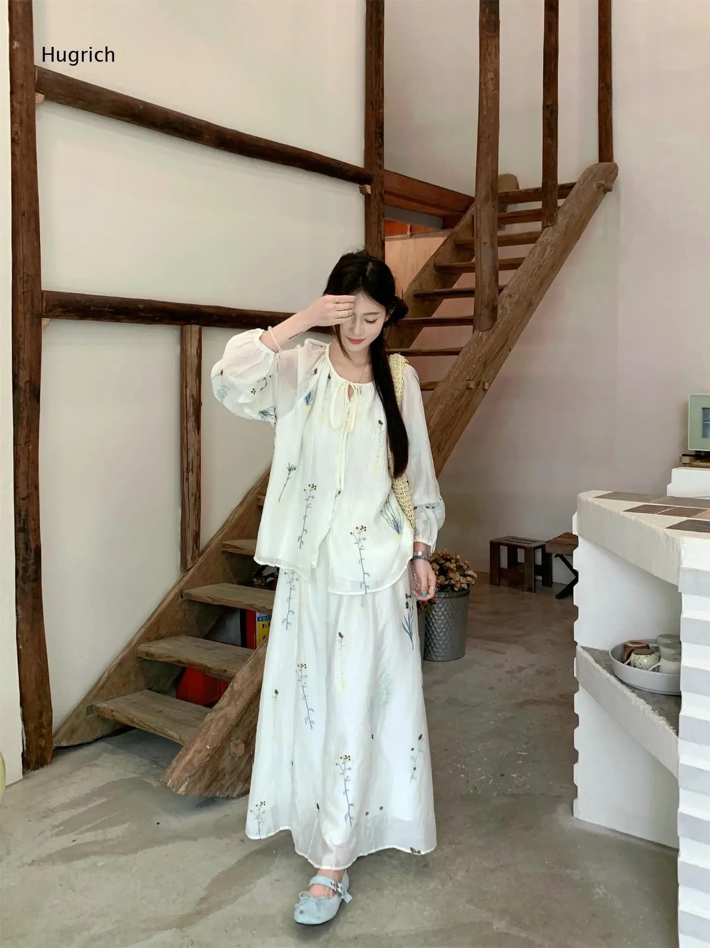 Daily Vacation White Floral Two Piece Set Tie Neck Puff Sleeve Blouse High Waist Sheer Flowly Maxi Skirt Outfit