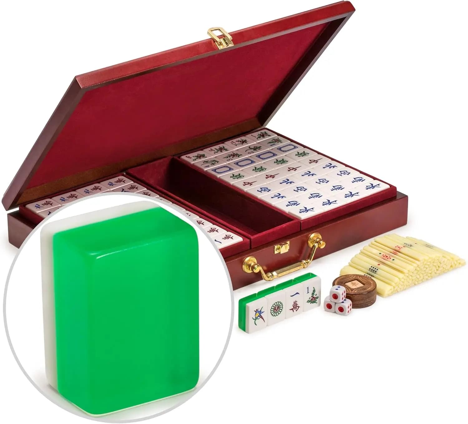 Set Classico di Mahjong Cinese con 148 Tessere Traslucide Verdi e Scatola in Legno per Serate di Gioco in Famiglia