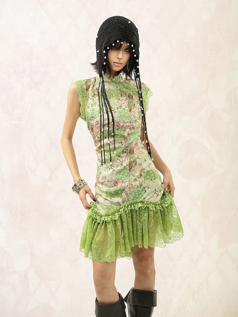 Traditional Chinese Style Green Qipao Dress Women's Revamped Vest under Skirt Retro Floral Print Maxi Summer Dress