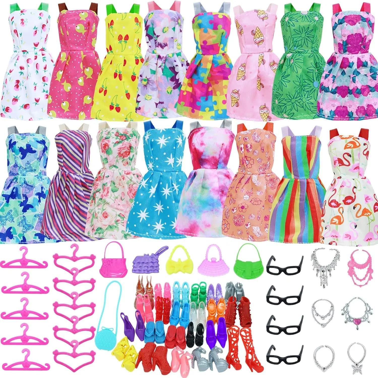 Set of 44 Pieces of Clothing and Accessories for Dolls of 11.5 Inches: 10 Dresses, 10 Shoes Paia, 10 Dresses, 6 Necklaces, 4 Bags, 4 Glass Paia