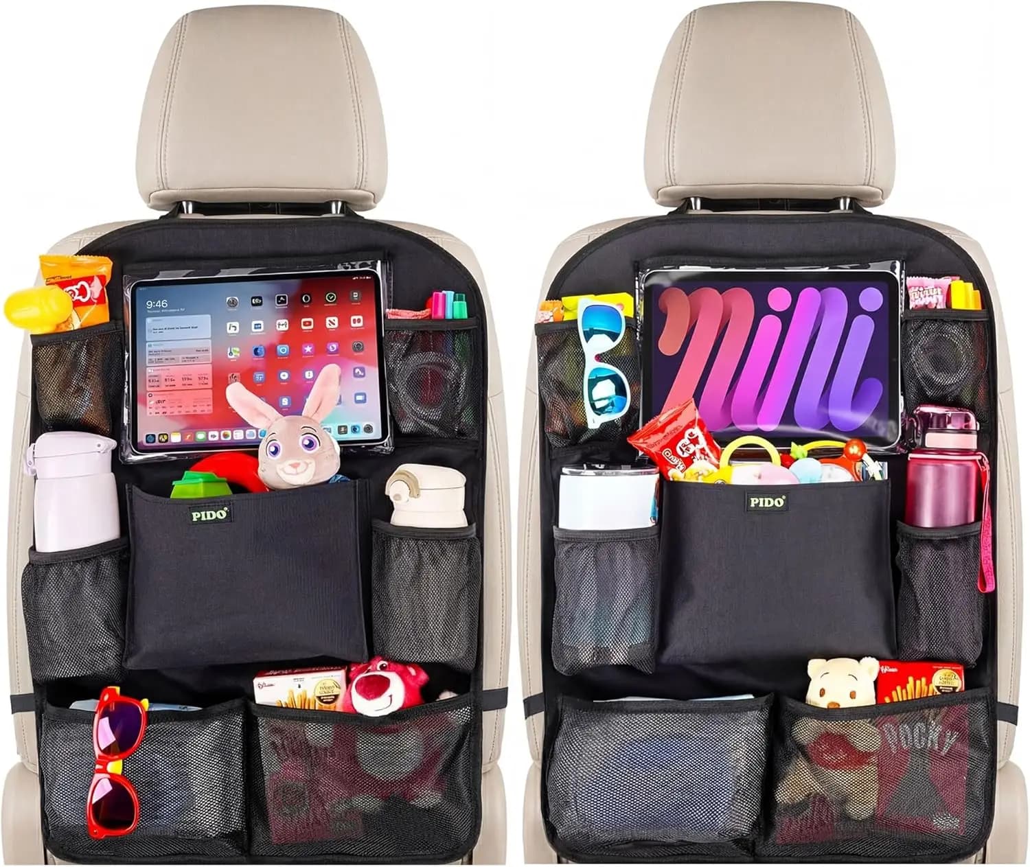 Car Seat Organizer for Children with Tablet Door, 8 Pockets and Anti-scratch Protection - Set of 2 Travel Accessories
