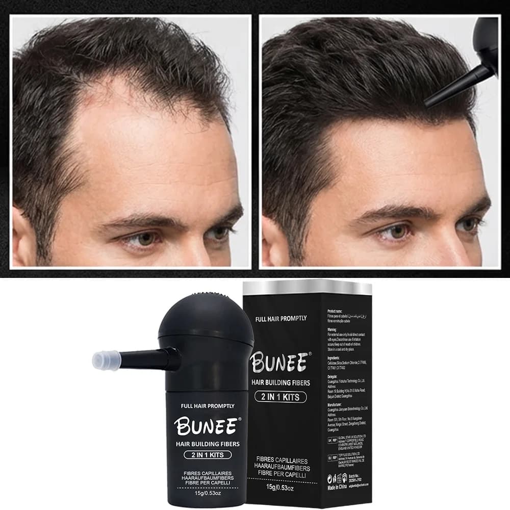 BUNEE Hair Fiber Set 15g: Men's natural hair-dense fibers for balding areas, fills part lines, includes 15g fiber powder