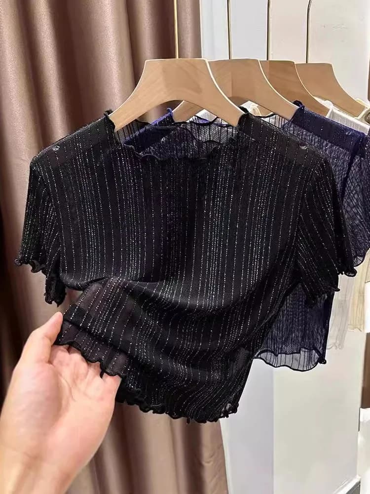 Bla Fungus Net Gauze ort Sve irt Street Sle Slim Fit round Ne Stripe Pattern Women's Faion Summer Top