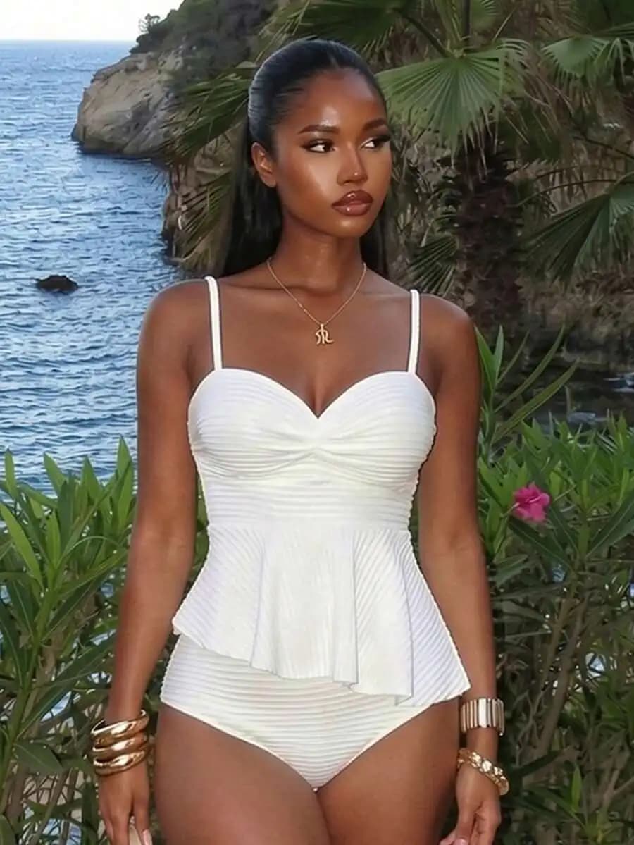 Set costume da bagno tankini da donna con spalline sottili testurizzate
