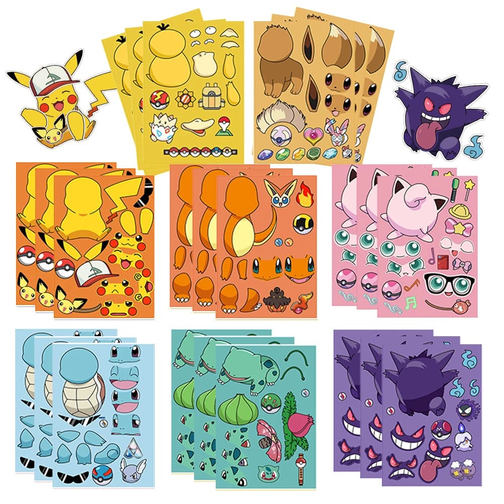 8/16 fogli Pokemon Anime Pikachu Gengar Puzzle adesivi Crea una faccia Bambini Cartoon Fai da te Assemblare Jigsaw Decalcomanie Bambini Party Decor