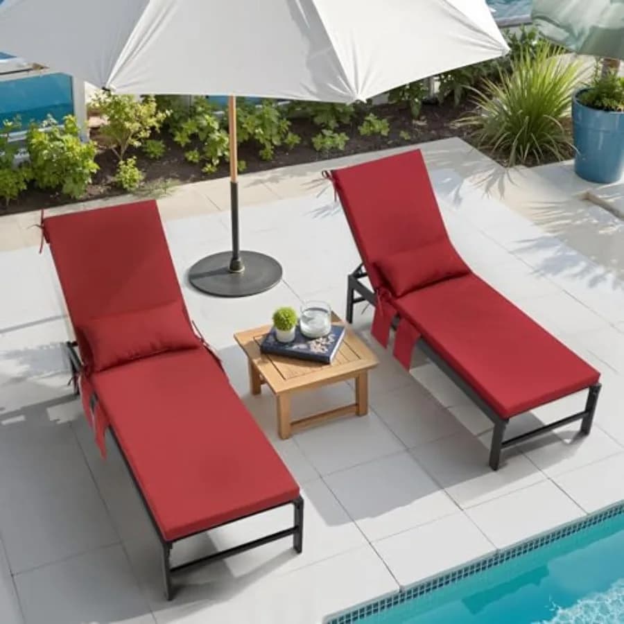 Outdoor Chaise Lounge Cushion Set of 2 with Head Pillow and Side Pockets, Water Repellent and Weather Resistant Patio Recliner