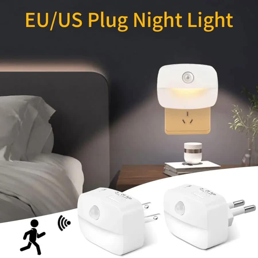 US EU Plug in LED Night Light Lampada con sensore di movimento Luci notturne Cucina Camera da letto Corridoio Scale WC Lampada da notte 3 colori Temperatura