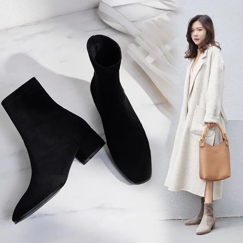 Women Elastic Fabric Boots Suede Short Boots Fashion Handmade Classic Pointed Toe Shoes 34-35 feet length 22-22.5cm small size