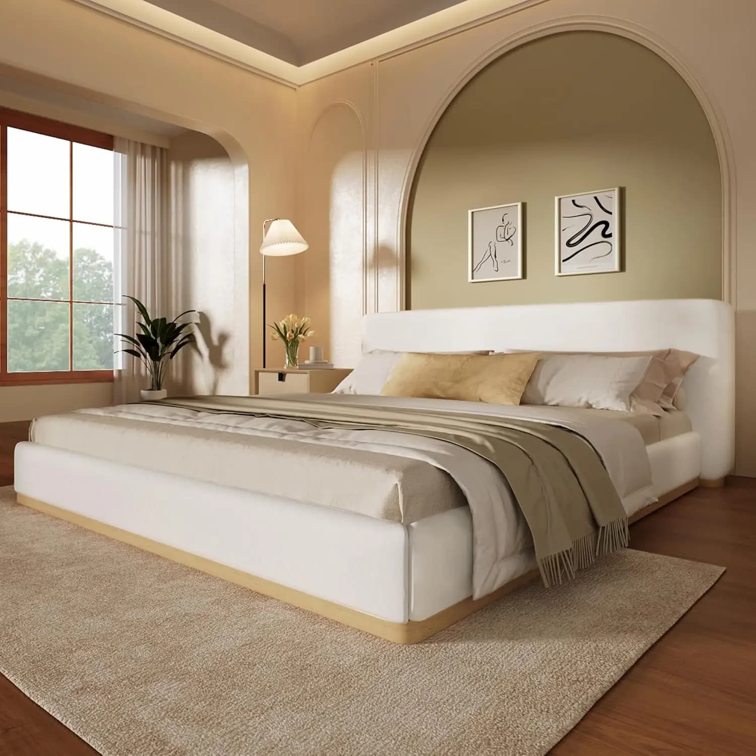 Modern king-size bed frame with cloud headboard, king-size bed with adult cloud platform, mattress base, not