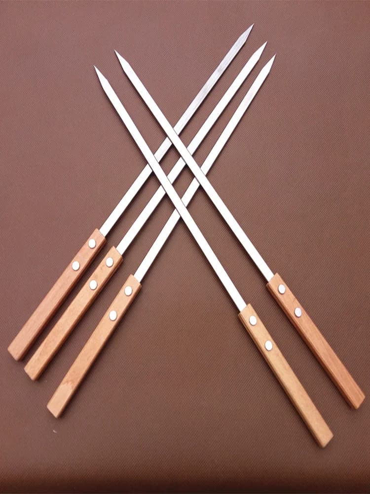 Thickened Wide 40cm Wooden Handle Flat BBQ Skewer Large Charcoal Grill Shish Kebab Stick Camping Outdoor Cooking Roasting Stick