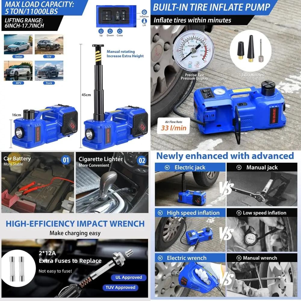 Kit Cric Elettrico 12V 5 Tonnellate con Gonfiatore e Avvitatore a Impulsi per Cambio Pneumatici di SUV, Berline e Camion