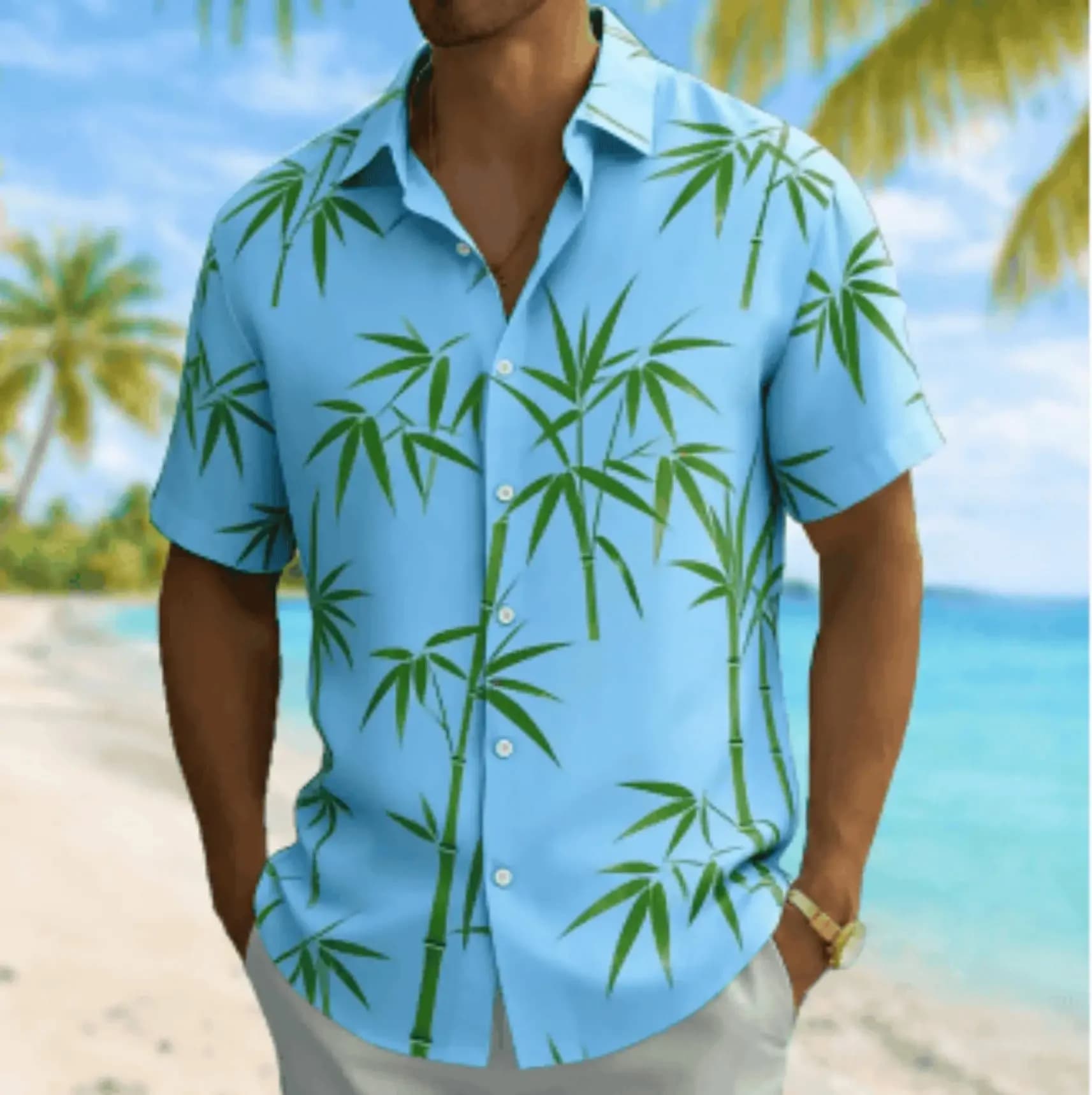 2026 Men's Bamboo Leaf Print Short Sleeve Shirt, Spring Summer Fresh Vacation Blouse, Turn-Down Collar Loose Top
