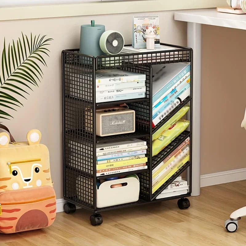 Carrello per libri con rotelle - Scaffale mobile in metallo, organizer da scrivania e espositore angolare, carrello con rotelle salvaspazio per la casa, libreria