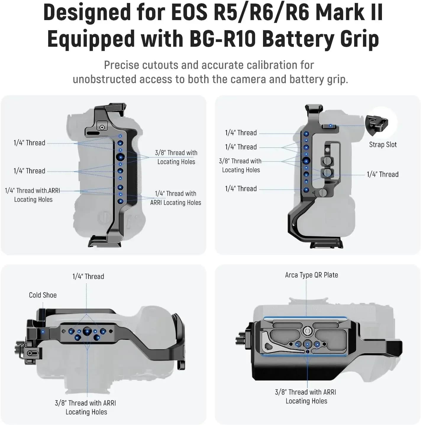 Gabbia per fotocamera NEEWER 2026 per EOS R5, R5 C, R6, R6 II e impugnatura batteria BG-R10 con morsetto per cavo HDMI e cold shoe