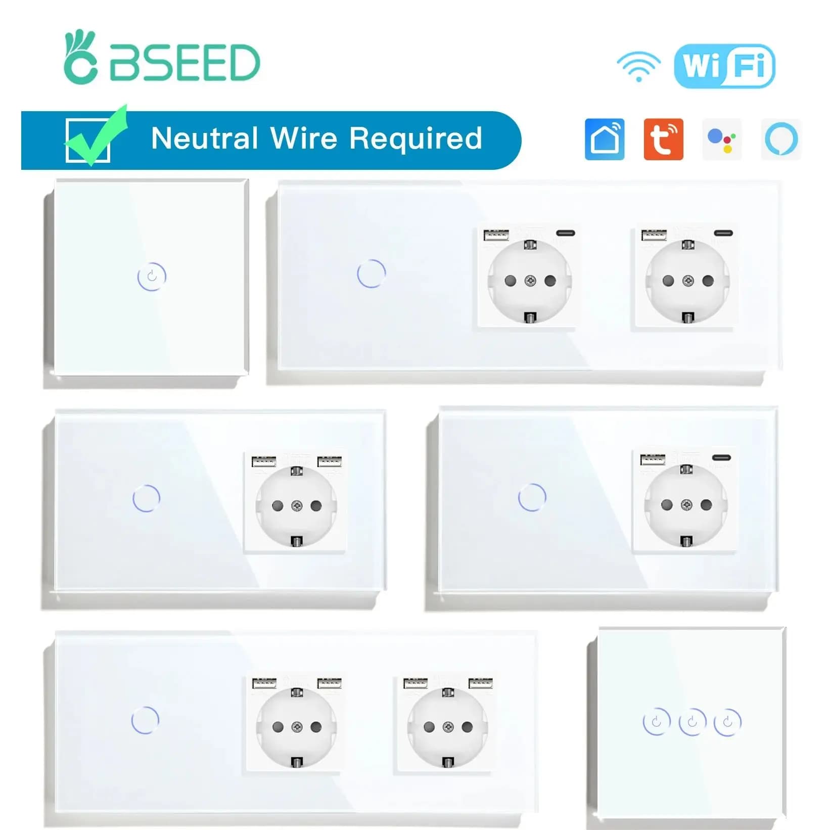 BSEED WIFI Touch Switch Intelligent wall switch 1/2/3Gang 1/2/3Way Smart Life APP Glass with EU Type-c socket Charge phone USB socket