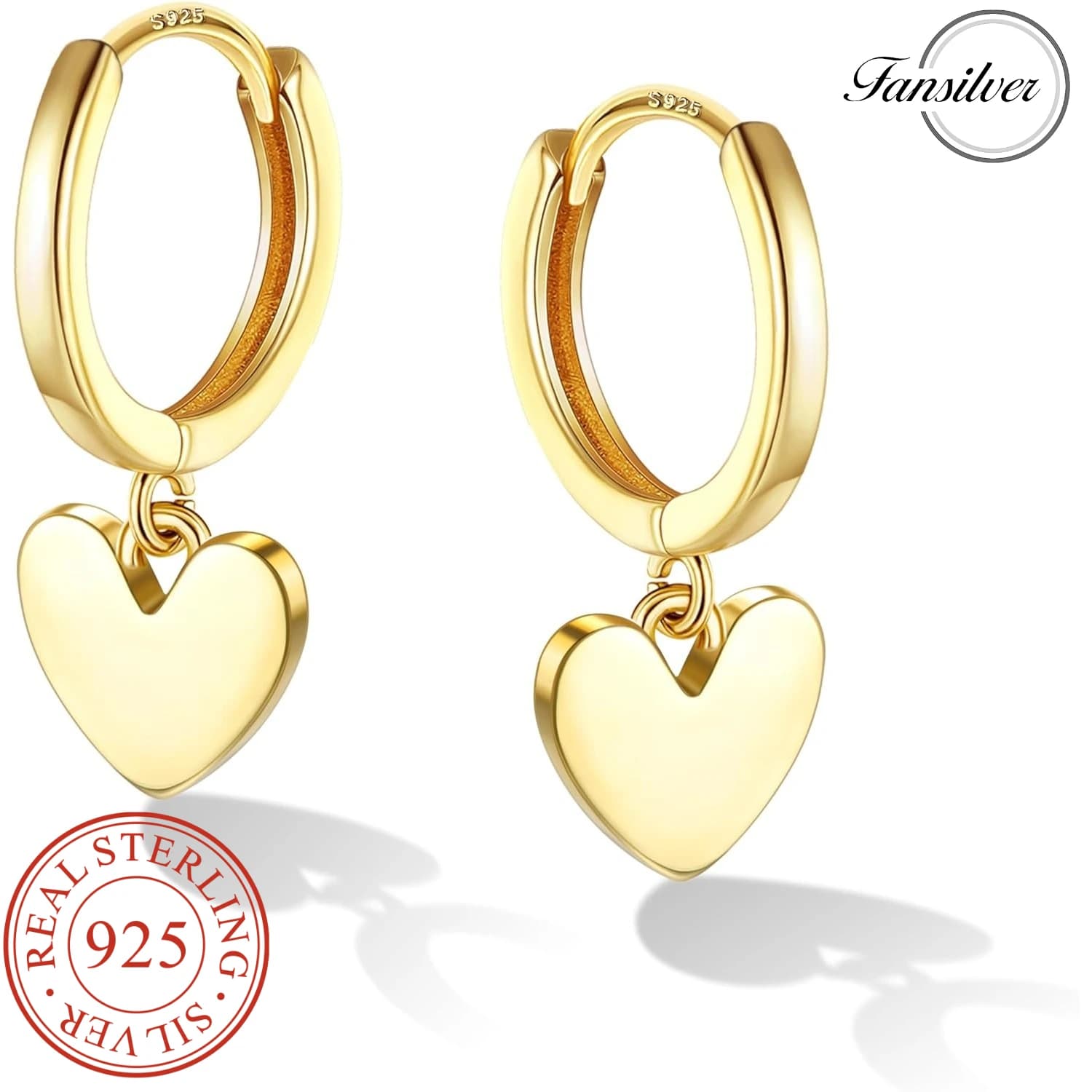 Fansilver 925 Sterling Silver Hoop Earrings for Women Hypoallergenic 14K gold Plated Heart Cartilage Earring Piercing Jewelry
