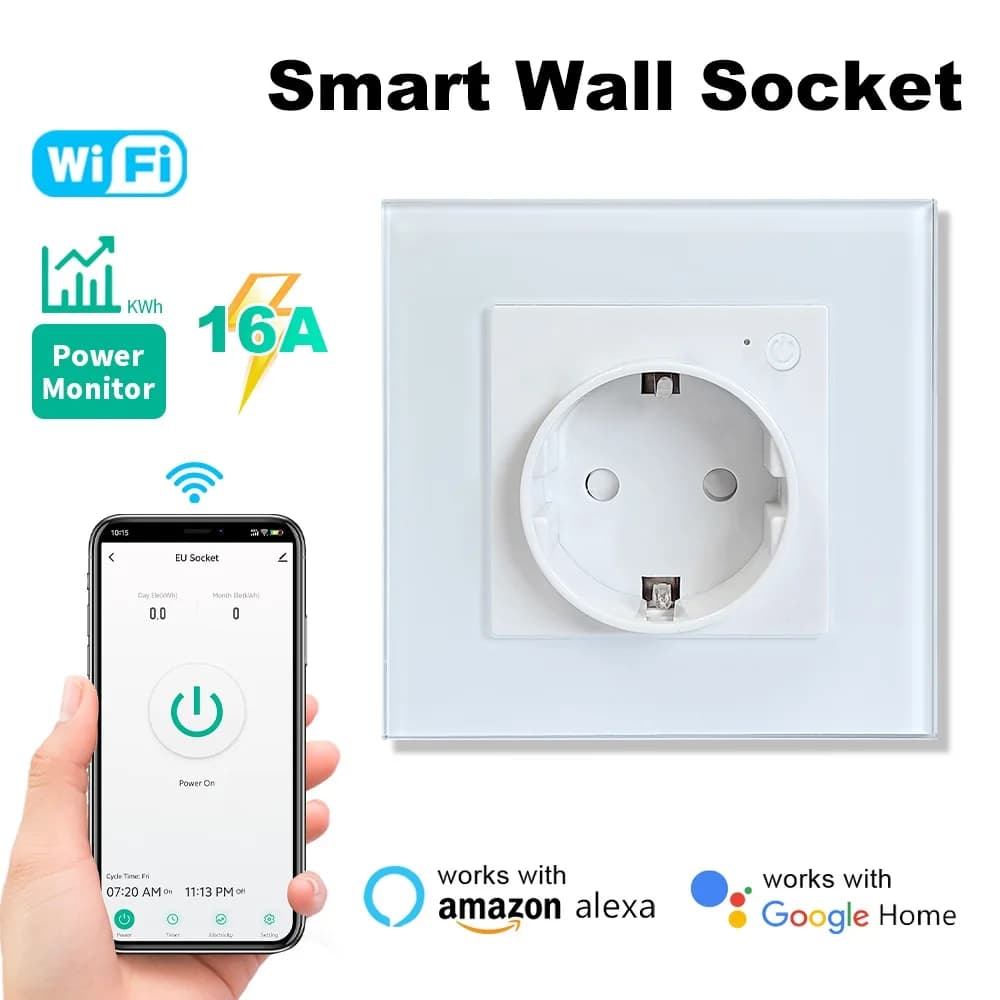 Tuya Smart Wifi EU socket for power monitor 16A Wall mount 110V-250V with glass panel Support Google Home Alexa