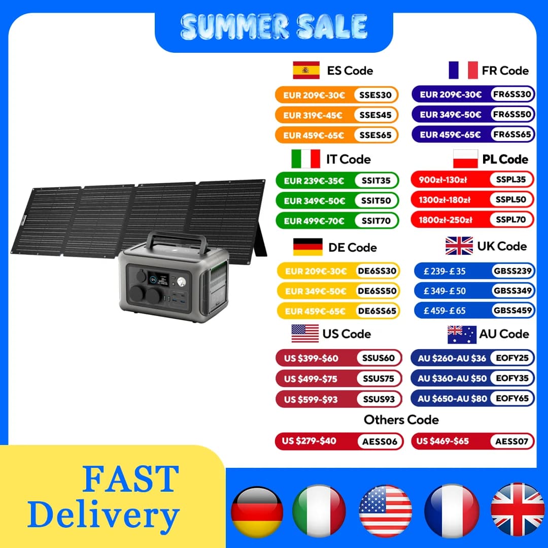 ALLPOWERS R600 Centrale elettrica Generatore solare 299Wh 600W (ricarica da 0-100% in 1 ora) e pannello solare SP033 200W per camper da campeggio