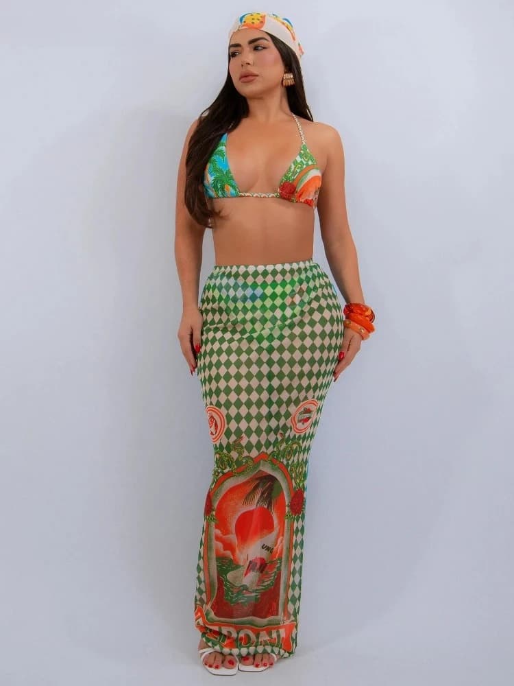 BWQ Set bikini sexy con stampa floreale da donna 2025 Costumi da bagno estivi per le vacanze al mare Reggiseno + biancheria intima + Gonne Set da 3 pezzi Abiti