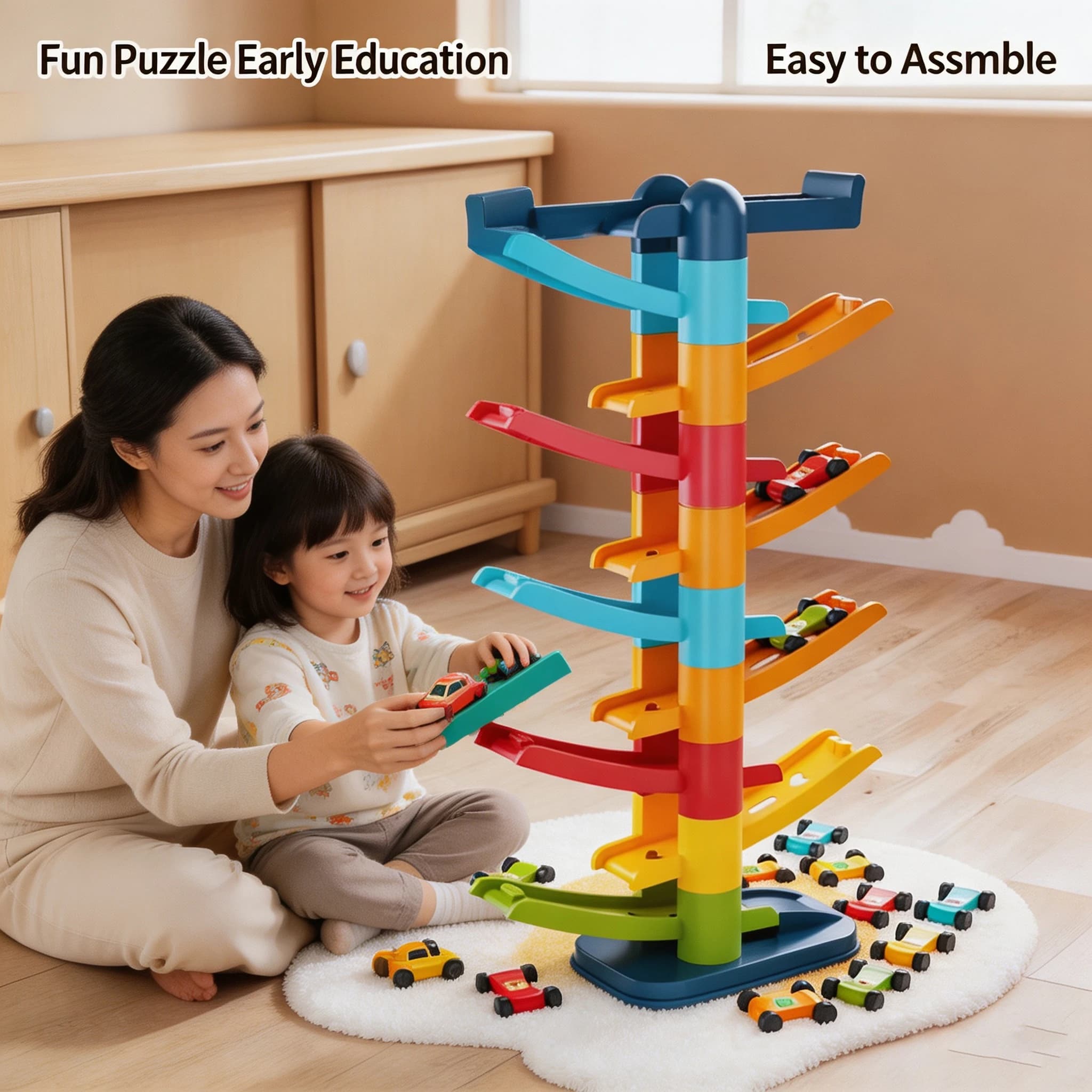 Track Slide Car Set with Stacking Blocks, Inertia Glide Racing Toy, STEM Educational Gift for Kids
